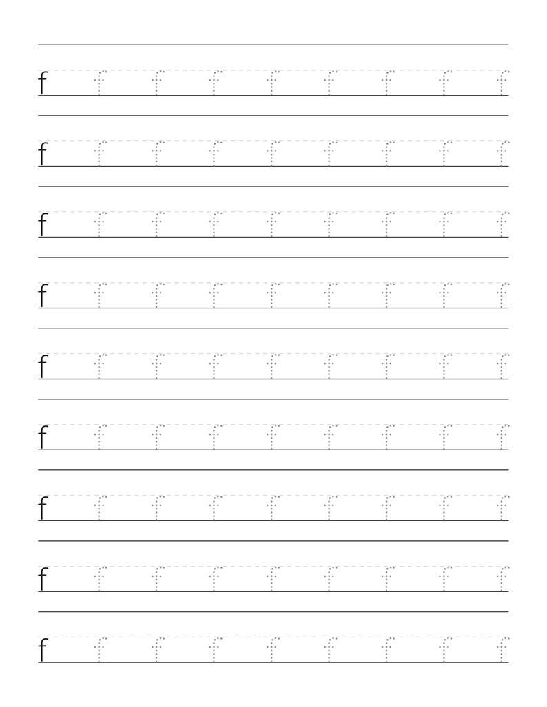 May include: A white educational worksheet featuring nine horizontal rows of practice lines for the lowercase letter f. Each row begins with a solid black letter f followed by eight dotted-line versions of the letter f for tracing practice.