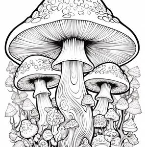 May include: A black and white line art illustration featuring a large central mushroom with a wide cap and a thick, textured stalk, surrounded by a dense cluster of smaller mushrooms of varying sizes and shapes with detailed gills and spotted caps.