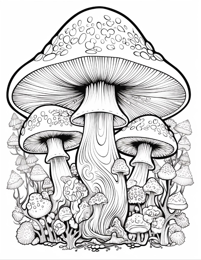 May include: A black and white line art illustration featuring a large central mushroom with a wide cap and a thick, textured stalk, surrounded by a dense cluster of smaller mushrooms of varying sizes and shapes with detailed gills and spotted caps.