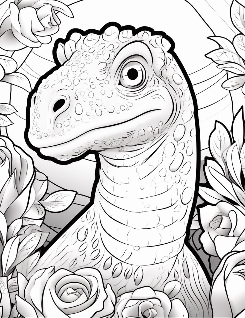 Pu&ograve; includere: Un'illustrazione in bianco e nero a tratto che raffigura la testa e il collo testurizzati di un dinosauro circondati da dettagliate rose in fiore. Il dinosauro presenta una pelle squamosa e irregolare e un occhio prominente in stile.