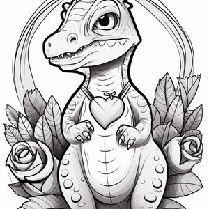 Pu&ograve; includere: Un'illustrazione in bianco e nero a tratto di un piccolo dinosauro in piedi. Il dinosauro indossa un ciondolo a forma di cuore su una collana ed &egrave; circondato da diversi grandi fiori di rosa e foglie, incorniciato da un arco circolare sullo sfondo.