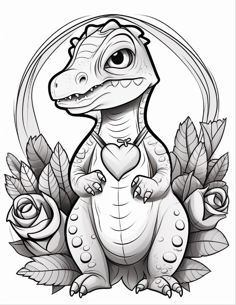 Pu&ograve; includere: Un'illustrazione in bianco e nero a tratto di un piccolo dinosauro in piedi. Il dinosauro indossa un ciondolo a forma di cuore su una collana ed &egrave; circondato da diversi grandi fiori di rosa e foglie, incorniciato da un arco circolare sullo sfondo.