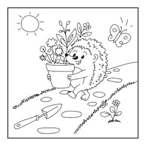 May include: A black and white line art coloring page featuring a smiling hedgehog carrying a potted plant with flowers. The scene includes a sun in the sky, a butterfly, a small garden trowel on the ground, and a path with stepping stones.