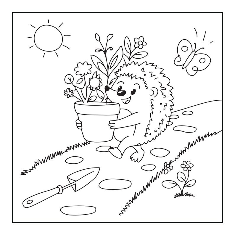 May include: A black and white line art coloring page featuring a smiling hedgehog carrying a potted plant with flowers. The scene includes a sun in the sky, a butterfly, a small garden trowel on the ground, and a path with stepping stones.