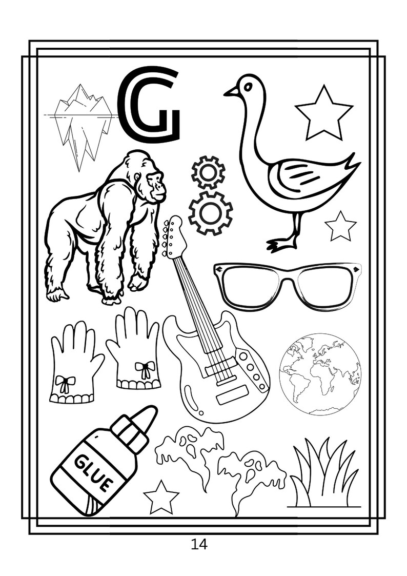 Puede incluir: Una p&aacute;gina para colorear en blanco y negro con la letra G, un gorila, un ganso, una guitarra, gafas, un globo terr&aacute;queo, guantes, un frasco de pegamento con la etiqueta GLUE, engranajes, estrellas, un iceberg, fantasmas y hierba. P&aacute;gina 14.