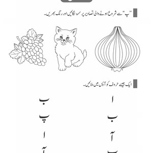 Peut inclure: Une feuille d'exercices &eacute;ducative en noir et blanc pr&eacute;sentant des dessins au trait d'une grappe de raisin, d'un chaton et d'un oignon. Sous les images, du texte et des caract&egrave;res ourdous sont affich&eacute;s pour des exercices de correspondance.