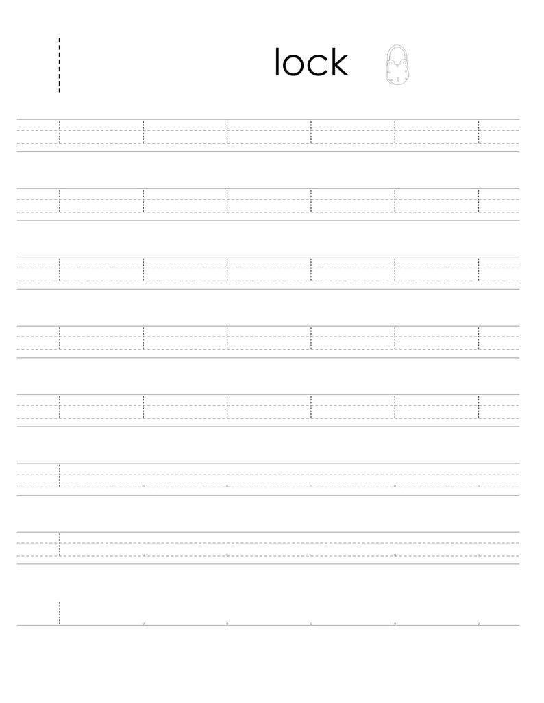 May include: A white educational worksheet for handwriting practice featuring the word lock in black text, a small line drawing of a padlock, and multiple rows of dashed lines for tracing the letter l, presented on a clean, plain background.