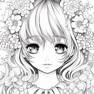 May include: A black and white line art illustration of a character with large, expressive eyes and long, flowing hair adorned with a dense crown of various detailed flowers. The character wears a collared garment with a bow at the neckline.