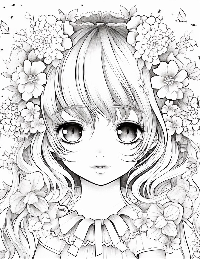 May include: A black and white line art illustration of a character with large, expressive eyes and long, flowing hair adorned with a dense crown of various detailed flowers. The character wears a collared garment with a bow at the neckline.