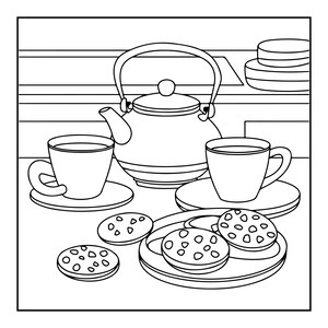 A line drawing of a teapot and two cups with saucers on a table, with a plate of cookies in the foreground.