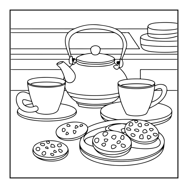A line drawing of a teapot and two cups with saucers on a table, with a plate of cookies in the foreground.