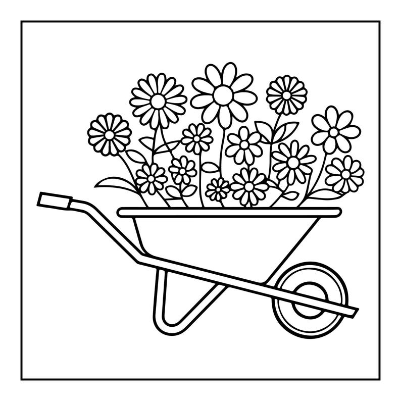 A black and white coloring page of a wheelbarrow filled with numerous blooming flowers.