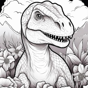 Pu&ograve; includere: Un'illustrazione in bianco e nero a tratto di un dinosauro con squame testurizzate, posizionato tra vari fiori e fogliame. Lo sfondo presenta nuvole stilizzate e cime montuose, creando una scena dettagliata adatta per essere colorata.