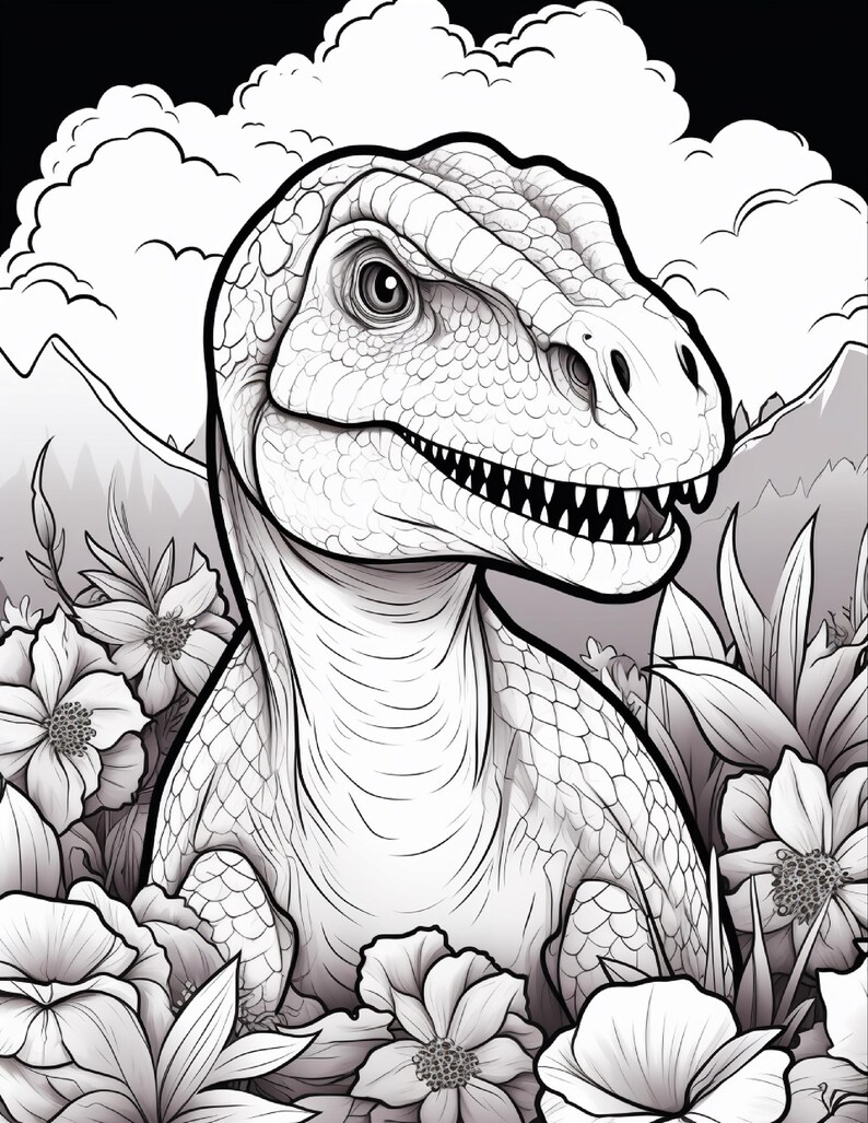 Pu&ograve; includere: Un'illustrazione in bianco e nero a tratto di un dinosauro con squame testurizzate, posizionato tra vari fiori e fogliame. Lo sfondo presenta nuvole stilizzate e cime montuose, creando una scena dettagliata adatta per essere colorata.