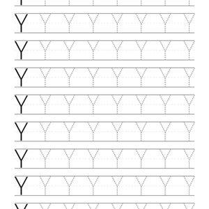 May include: A handwriting practice worksheet featuring nine horizontal rows. Each row contains one solid black uppercase letter Y followed by seven dashed-line versions of the same letter, all arranged on a white background with horizontal guide lines.