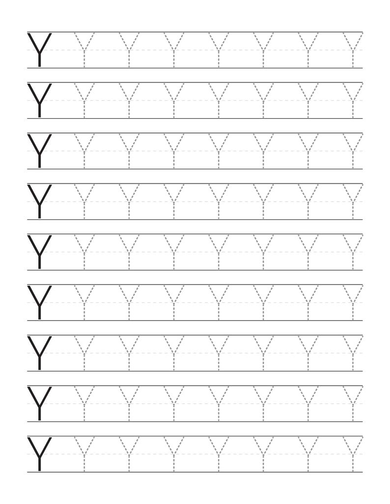 May include: A handwriting practice worksheet featuring nine horizontal rows. Each row contains one solid black uppercase letter Y followed by seven dashed-line versions of the same letter, all arranged on a white background with horizontal guide lines.