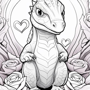 Pu&ograve; includere: Un'illustrazione in bianco e nero a tratto di una piccola creatura drago squamosa in piedi. Il drago &egrave; circondato da diverse rose in fiore e due piccole forme a cuore, il tutto all'interno di una cornice circolare con bordi floreali.