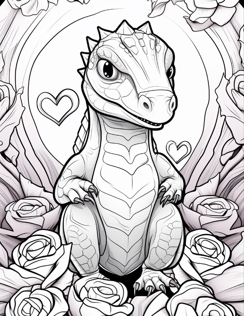 Pu&ograve; includere: Un'illustrazione in bianco e nero a tratto di una piccola creatura drago squamosa in piedi. Il drago &egrave; circondato da diverse rose in fiore e due piccole forme a cuore, il tutto all'interno di una cornice circolare con bordi floreali.