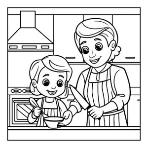 Op de afbeelding: Een zwart-wit kleurplaatillustratie met een volwassene en een kind in een keuken. De volwassene draagt een schort en houdt een mes vast, terwijl het kind een schort draagt en een lepel boven een kleine mengkom houdt.