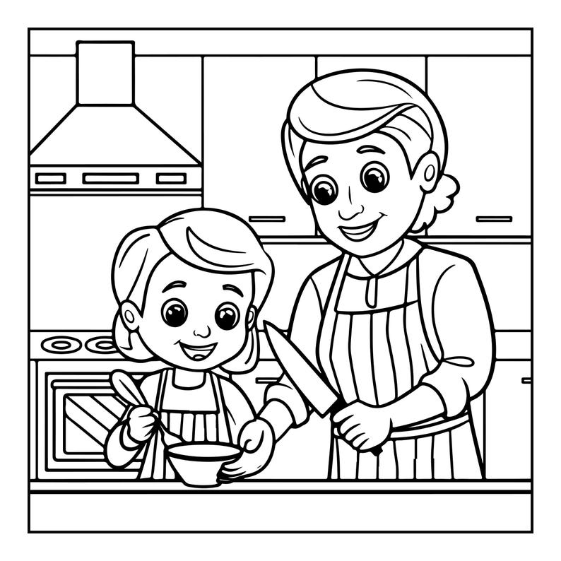 Op de afbeelding: Een zwart-wit kleurplaatillustratie met een volwassene en een kind in een keuken. De volwassene draagt een schort en houdt een mes vast, terwijl het kind een schort draagt en een lepel boven een kleine mengkom houdt.
