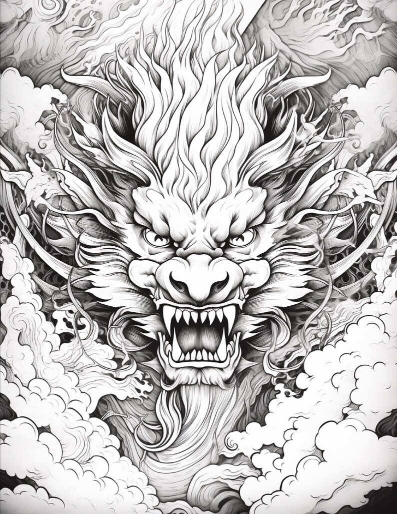 May include: A black and white line art illustration featuring a detailed dragon head facing forward with an open mouth, sharp teeth, and intense eyes. The dragon is surrounded by stylized flowing clouds and intricate swirling patterns throughout.