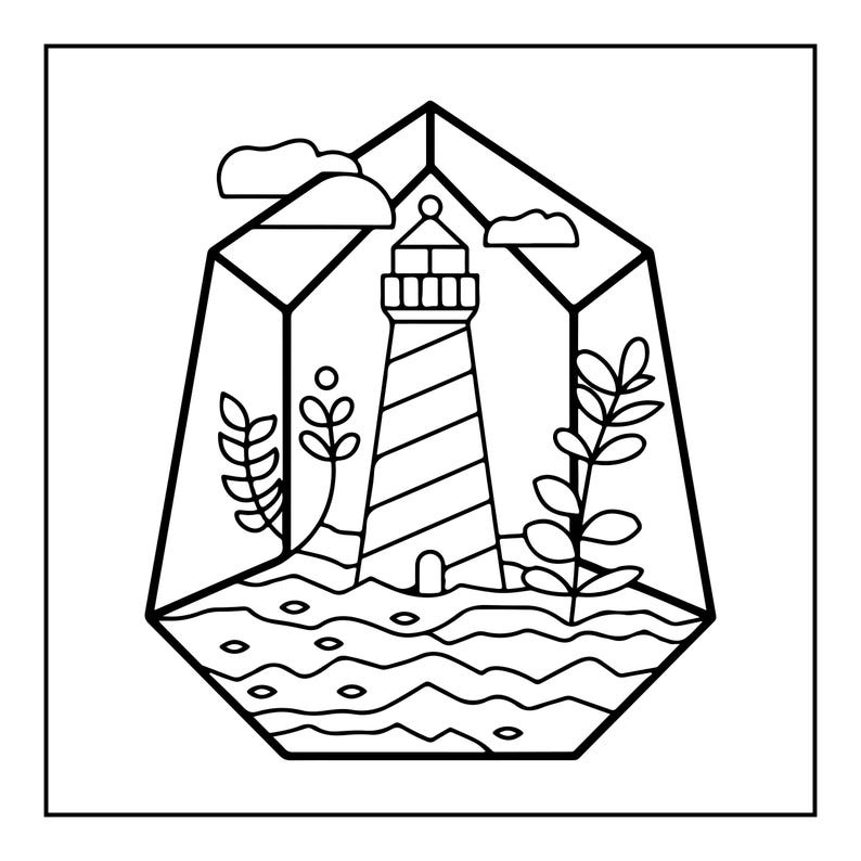 May include: A black and white line art illustration featuring a lighthouse inside a geometric terrarium shape. The design includes stylized waves at the base, two leafy plant stalks, and two clouds floating near the top of the structure.