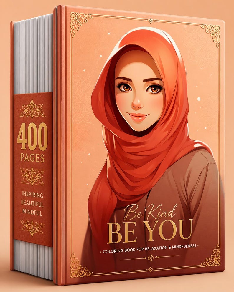 Pu&ograve; includere: Un libro da colorare spesso con una copertina color pesca che presenta l'illustrazione di una persona che indossa un hijab arancione. Il testo in copertina recita Be Kind BE YOU e Coloring Book for Relaxation & Mindfulness. Il dorso mostra 400 PAGES.