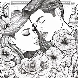 May include: A black and white line art illustration featuring two individuals with closed eyes, positioned closely together, surrounded by a dense arrangement of detailed flowers and leaves, with a geometric architectural frame in the background.