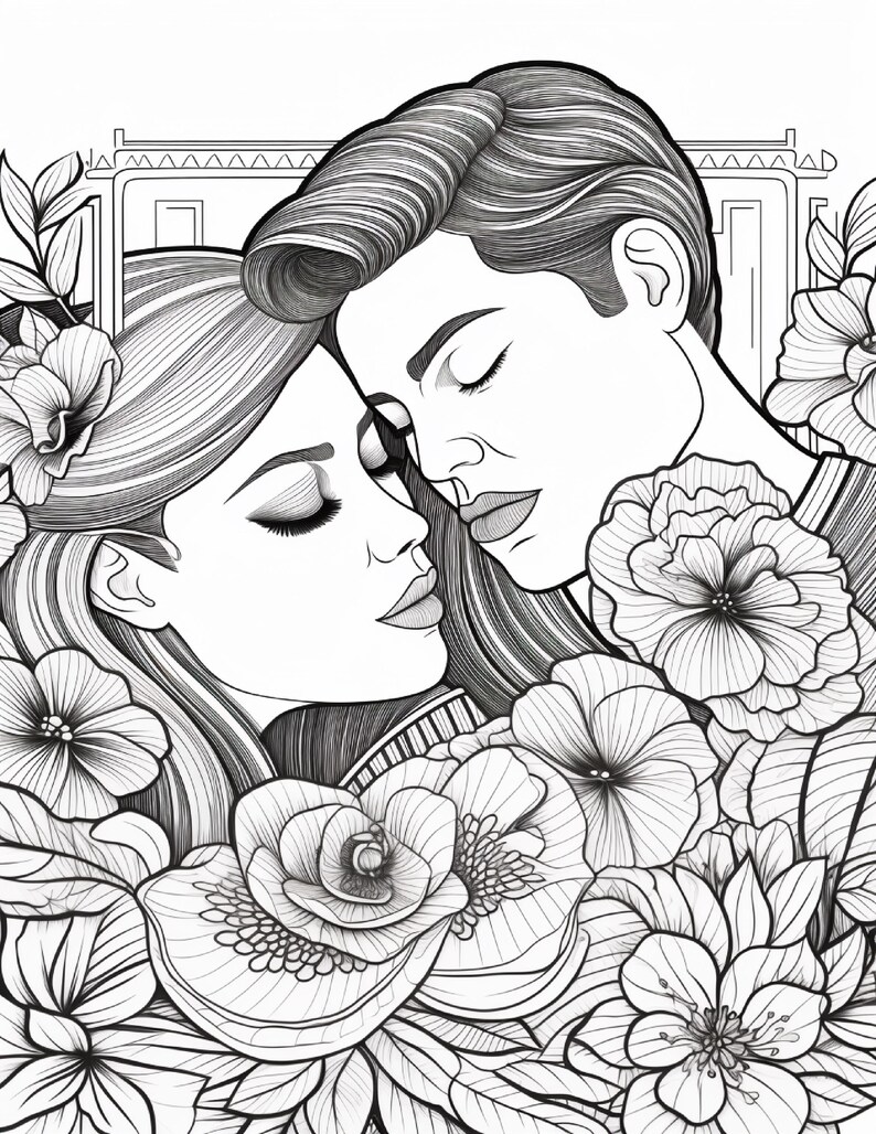 May include: A black and white line art illustration featuring two individuals with closed eyes, positioned closely together, surrounded by a dense arrangement of detailed flowers and leaves, with a geometric architectural frame in the background.