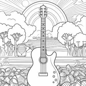 May include: A black and white line art illustration featuring an acoustic guitar centered in the foreground. The background displays a landscape with trees, clouds, a sun with radiating beams, a rainbow, and a speaker box on the left side.