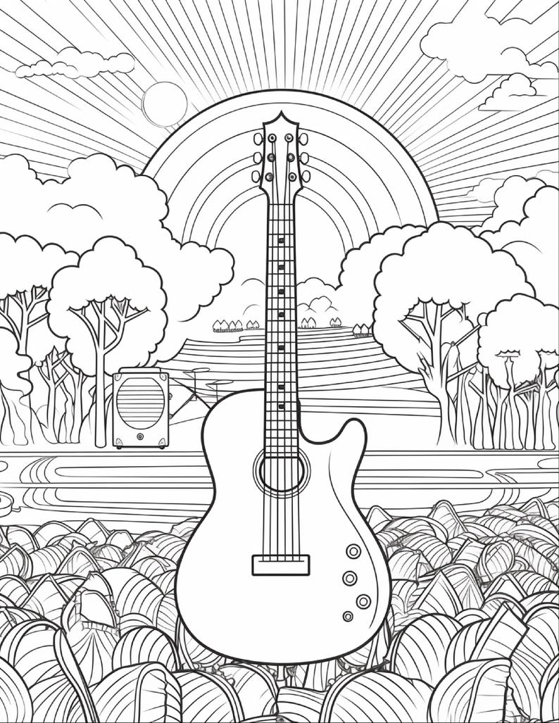 May include: A black and white line art illustration featuring an acoustic guitar centered in the foreground. The background displays a landscape with trees, clouds, a sun with radiating beams, a rainbow, and a speaker box on the left side.