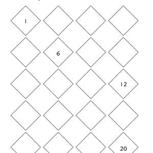 Pu&ograve; includere: Un foglio di lavoro educativo in bianco e nero intitolato I Know So Many Numbers! con l'istruzione Fill in the missing numbers from 1 to 30. La pagina presenta una griglia di venti rombi vuoti, con i numeri 1, 6, 12 e 20 stampati all'interno.