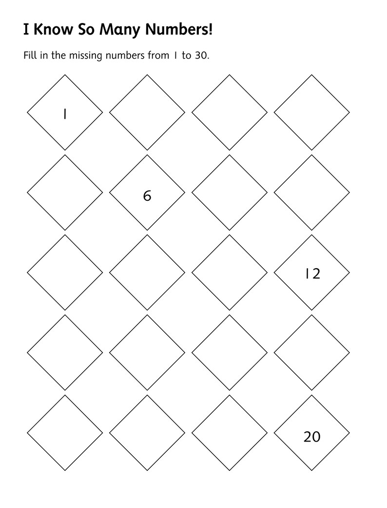 Pu&ograve; includere: Un foglio di lavoro educativo in bianco e nero intitolato I Know So Many Numbers! con l'istruzione Fill in the missing numbers from 1 to 30. La pagina presenta una griglia di venti rombi vuoti, con i numeri 1, 6, 12 e 20 stampati all'interno.