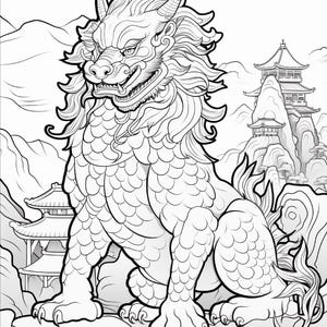 May include: A black and white line art illustration featuring a mythical guardian lion with a flowing mane, scales, and horns. The creature stands on a rocky surface with traditional pagodas and mountain peaks depicted in the background.