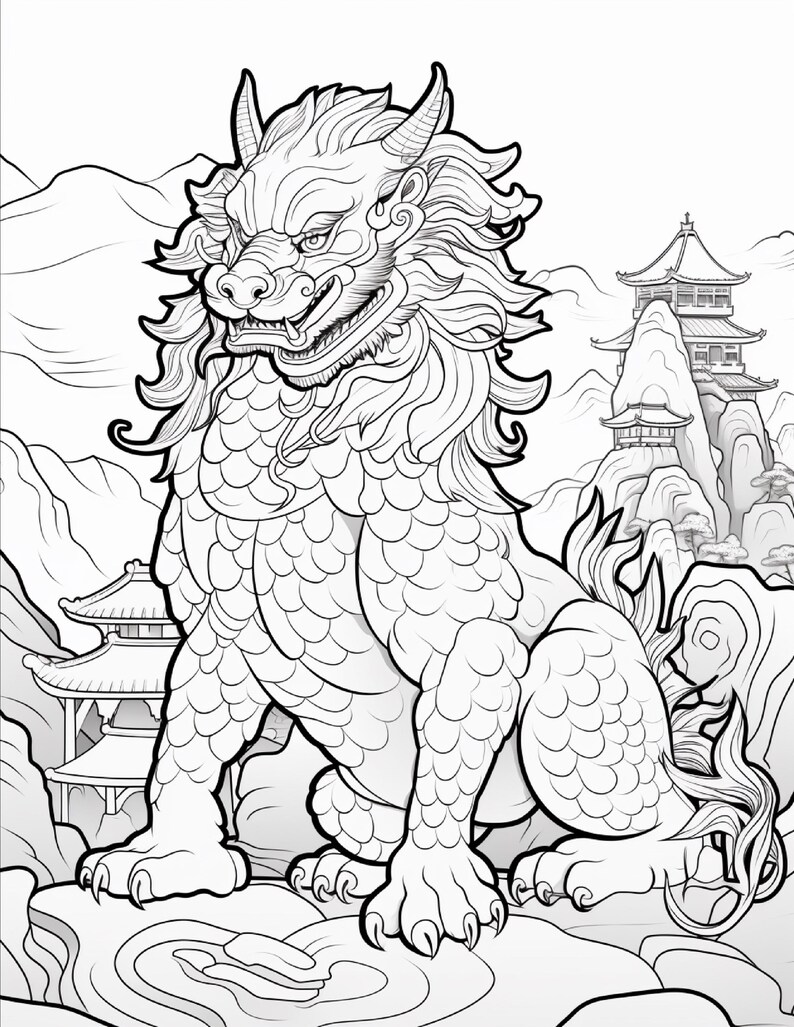 May include: A black and white line art illustration featuring a mythical guardian lion with a flowing mane, scales, and horns. The creature stands on a rocky surface with traditional pagodas and mountain peaks depicted in the background.