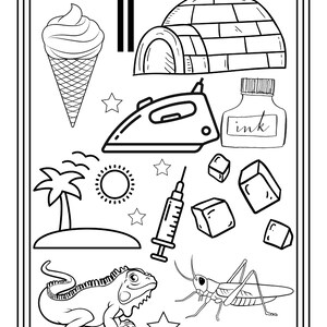 Puede incluir: Una p&aacute;gina para colorear en blanco y negro con un cono de helado, un igl&uacute;, una plancha, un tintero, una palmera en una isla, un sol, una jeringa, cubitos de hielo, una iguana, un saltamontes, estrellas y el n&uacute;mero 17 abajo.