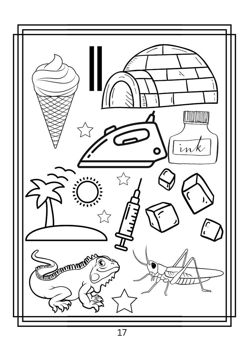 Puede incluir: Una p&aacute;gina para colorear en blanco y negro con un cono de helado, un igl&uacute;, una plancha, un tintero, una palmera en una isla, un sol, una jeringa, cubitos de hielo, una iguana, un saltamontes, estrellas y el n&uacute;mero 17 abajo.
