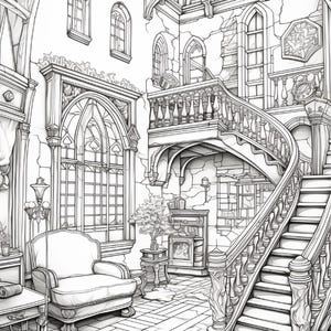 Puede incluir: Una ilustraci&oacute;n de arte lineal en blanco y negro de un gran espacio interior con una escalera curva con balaustres ornamentados, una ventana arqueada grande, un sill&oacute;n mullido, una mesa peque&ntilde;a con flores y una chimenea.