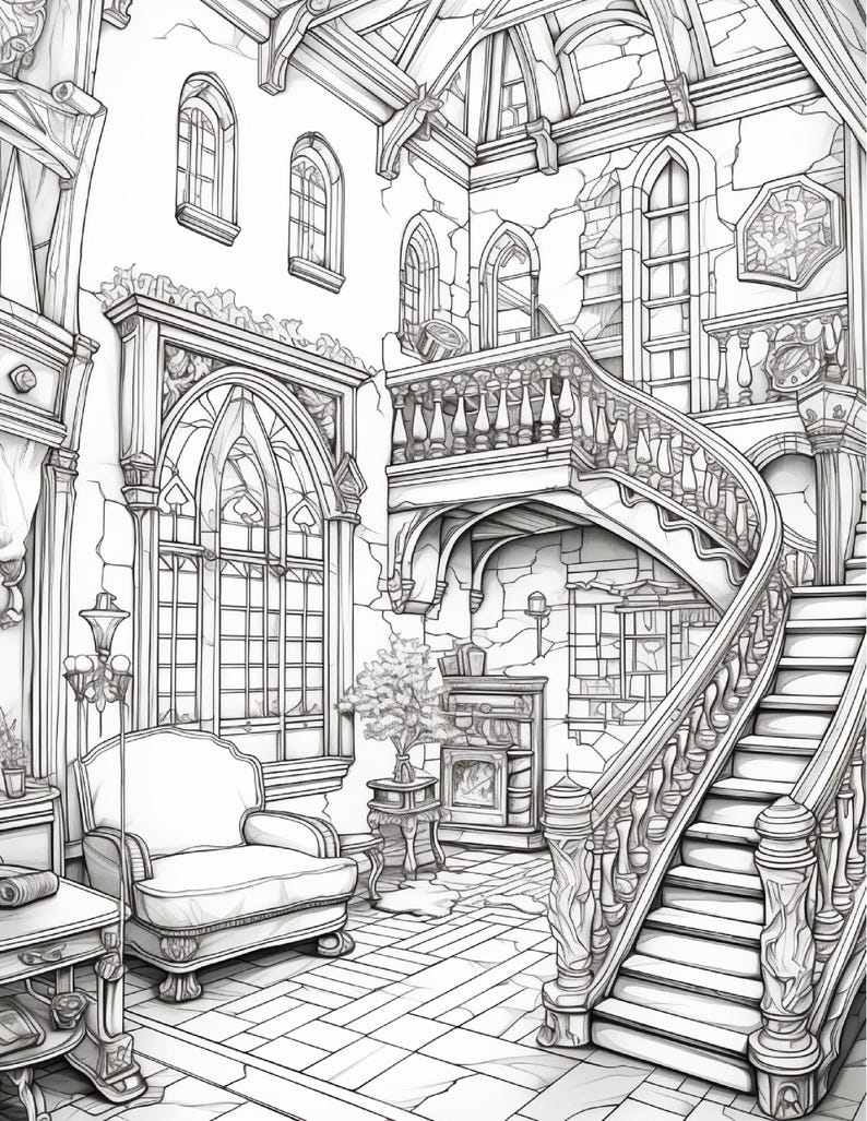 Puede incluir: Una ilustraci&oacute;n de arte lineal en blanco y negro de un gran espacio interior con una escalera curva con balaustres ornamentados, una ventana arqueada grande, un sill&oacute;n mullido, una mesa peque&ntilde;a con flores y una chimenea.