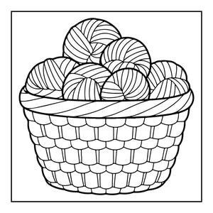 Op de afbeelding: Een zwart-witte lijntekening van een gevlochten mand gevuld met meerdere ronde bollen wol. De mand heeft een gestructureerd, herhalend patroon aan de buitenkant, terwijl de bollen wol zijn afgebeeld met gebogen lijnen.