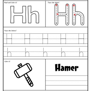 A printable worksheet page for the letter H featuring uppercase and lowercase tracing instructions, a hammer illustration, and letter identification circles.