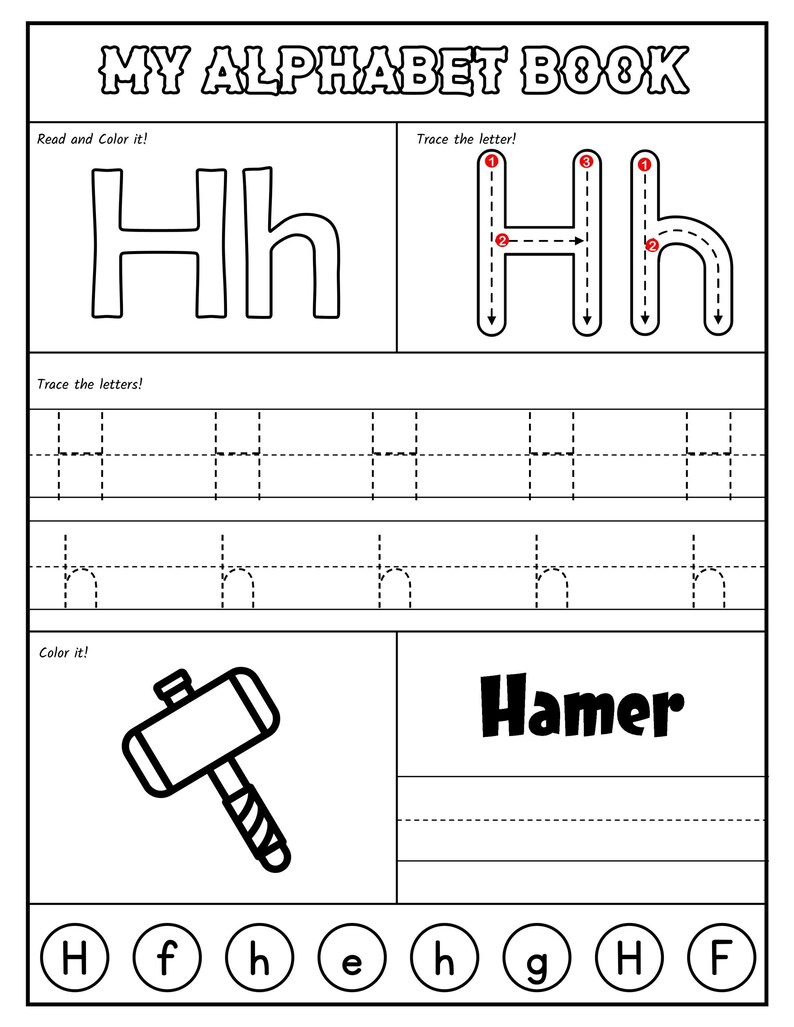 A printable worksheet page for the letter H featuring uppercase and lowercase tracing instructions, a hammer illustration, and letter identification circles.