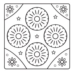 May include: A square black and white line art illustration featuring four circular sunburst patterns arranged in a diamond formation. The corners contain floral motifs, and small five-pointed stars are positioned between the circles.