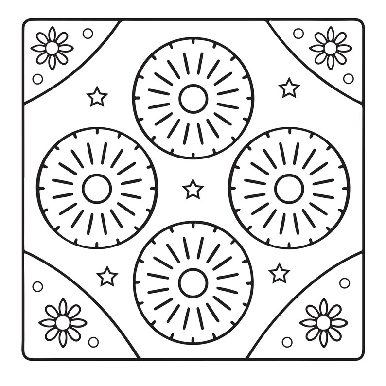 May include: A square black and white line art illustration featuring four circular sunburst patterns arranged in a diamond formation. The corners contain floral motifs, and small five-pointed stars are positioned between the circles.