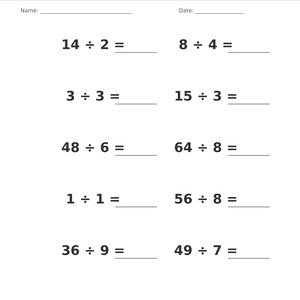 May include: A white educational worksheet titled Division &bull; Single Digit with blank lines for Name and Date. It features ten math problems including 14 &divide; 2, 8 &divide; 4, 3 &divide; 3, 15 &divide; 3, 48 &divide; 6, 64 &divide; 8, 1 &divide; 1, 56 &divide; 8, 36 &divide; 9, and 49 &divide; 7. Page 17 of 100 is noted.