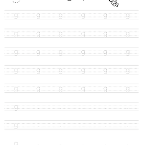 May include: A black and white educational worksheet for practicing the lowercase letter g. The page features the letter g, the word grapes, a small illustration of a bunch of grapes, and multiple rows of dashed lines for tracing the letter g.