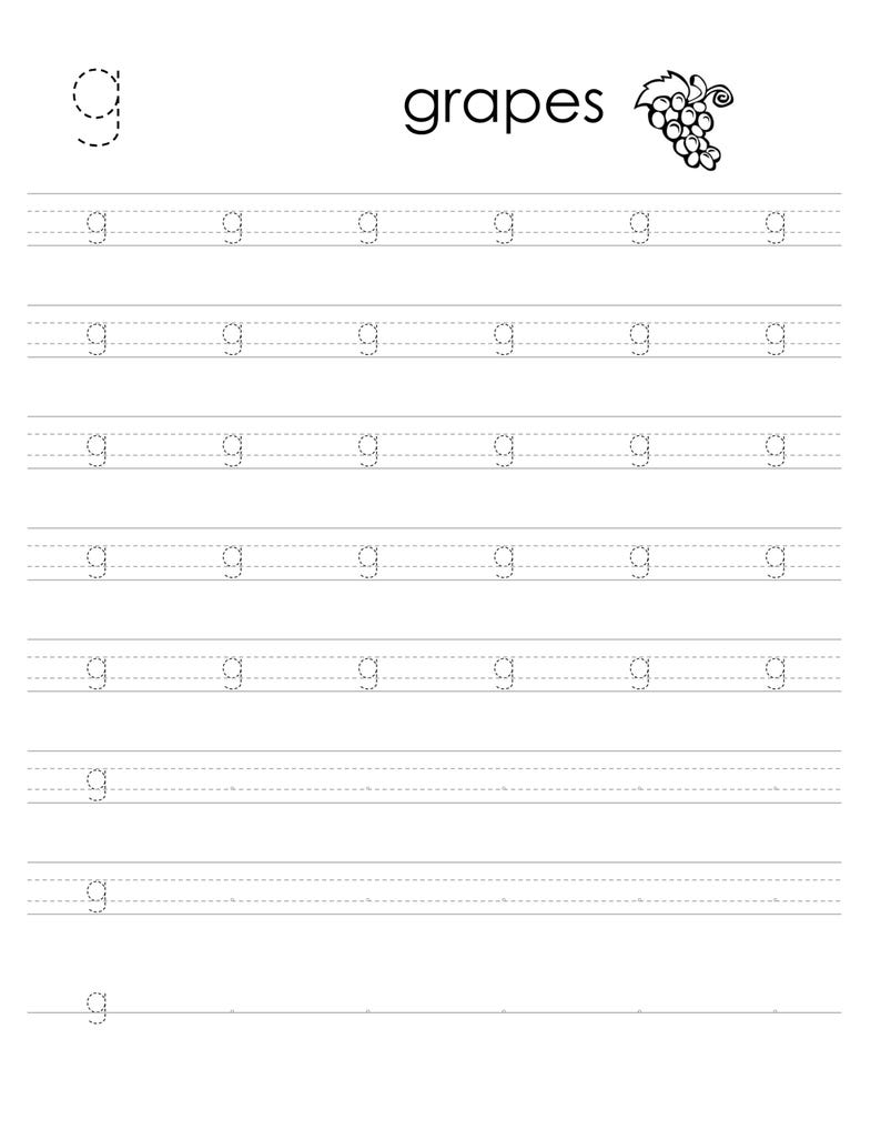 May include: A black and white educational worksheet for practicing the lowercase letter g. The page features the letter g, the word grapes, a small illustration of a bunch of grapes, and multiple rows of dashed lines for tracing the letter g.