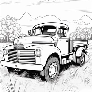 May include: A black and white line art illustration of a vintage pickup truck parked in a grassy field. The truck features a prominent front grille, rounded fenders, and side mirrors. In the background, there are trees and mountain silhouettes.