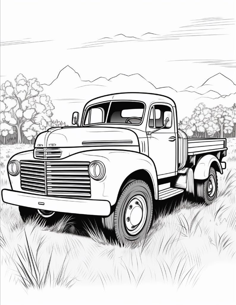 May include: A black and white line art illustration of a vintage pickup truck parked in a grassy field. The truck features a prominent front grille, rounded fenders, and side mirrors. In the background, there are trees and mountain silhouettes.