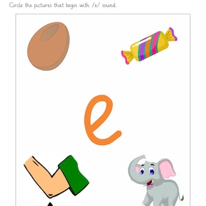 Op de afbeelding: Een educatief werkblad met de kleine oranje letter e in het midden. Rondom de letter staan illustraties van een bruin ovaal, een kleurrijk gestreept snoepje, een menselijke elleboog met een groene mouw en een grijze olifant met roze oren.
